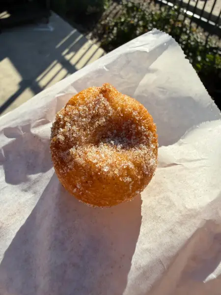 A small knotted cider donut in coarse cinnamon sugar on white paper