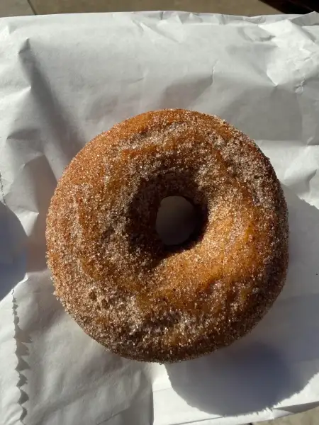 A single ring donut coated in cinnamon sugar, on white paper in bright sun